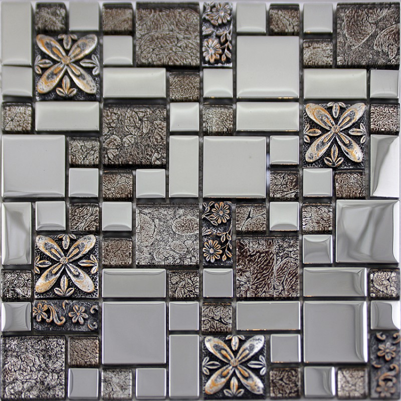 Silver glass tile mosaic shower wall designs plated craftsman brown ...