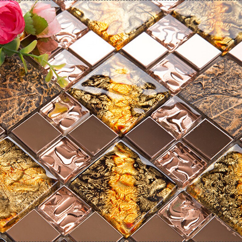Glass and metal backsplash tiles for kitchen and bathroom bronze ...