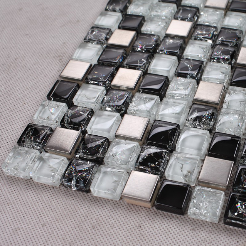 Black And White Mosaic Tile Crackle Glass Stainless Steel ... Black and white mosaic tile crackle glass patterns kitchen backsplashes cheap stainless steel backsplash metal tile ... - Black And White Mosaic Tile Crackle Glass Stainless Steel
