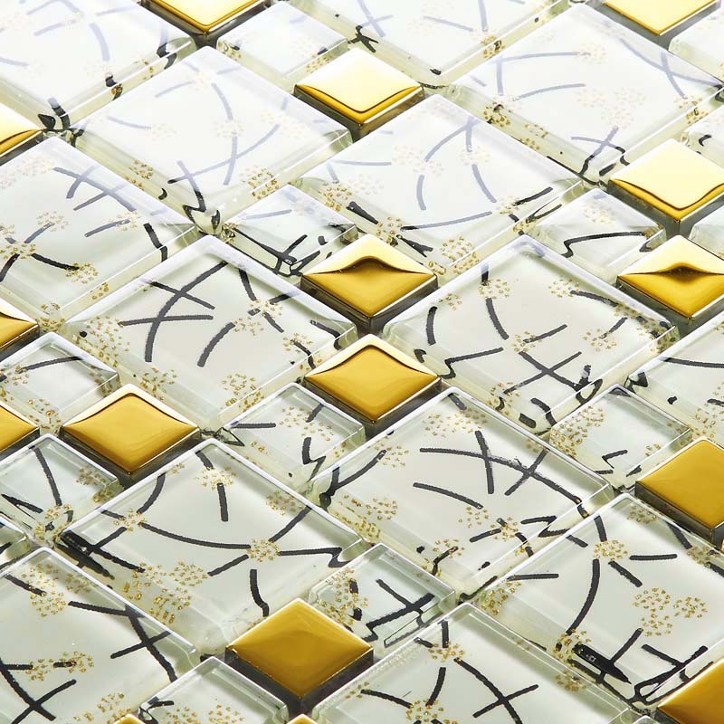 Modern White & Gold Glass Mosaic Wall Tile Abstract Pattern with Metallic Accents