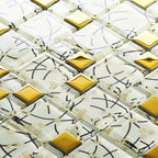 Modern White & Gold Glass Mosaic Wall Tile Abstract Pattern with Metallic Accents