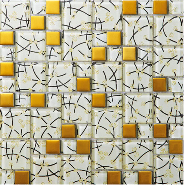 Modern White & Gold Glass Mosaic Wall Tile Abstract Pattern with Metallic Accents