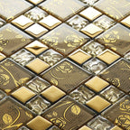Carreau de mosaïque en verre floral doré, motif rose métallique décoratif pour mur et crédence