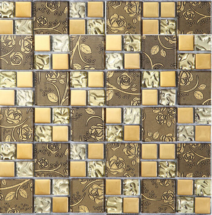 Carreau de mosaïque en verre floral doré, motif rose métallique décoratif pour mur et crédence