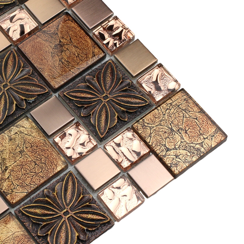 Glass Metal Mosaic Tile Embossed Floral Geometric Bathroom Accent Wall & Backsplash
