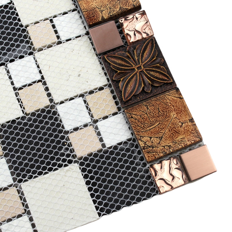 Glass Metal Mosaic Tile Embossed Floral Geometric Bathroom Accent Wall & Backsplash