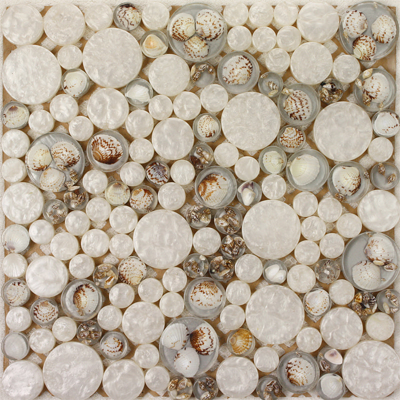 White Seashell & Capiz Round Pebble Mosaic Backsplash, Bathroom Wall, Coastal Decor Tile