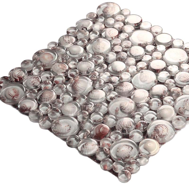 Coastal Pearl Glass Mosaic Tile Penny Round Bubble Resin Inlay Shell Pattern Wall Decor