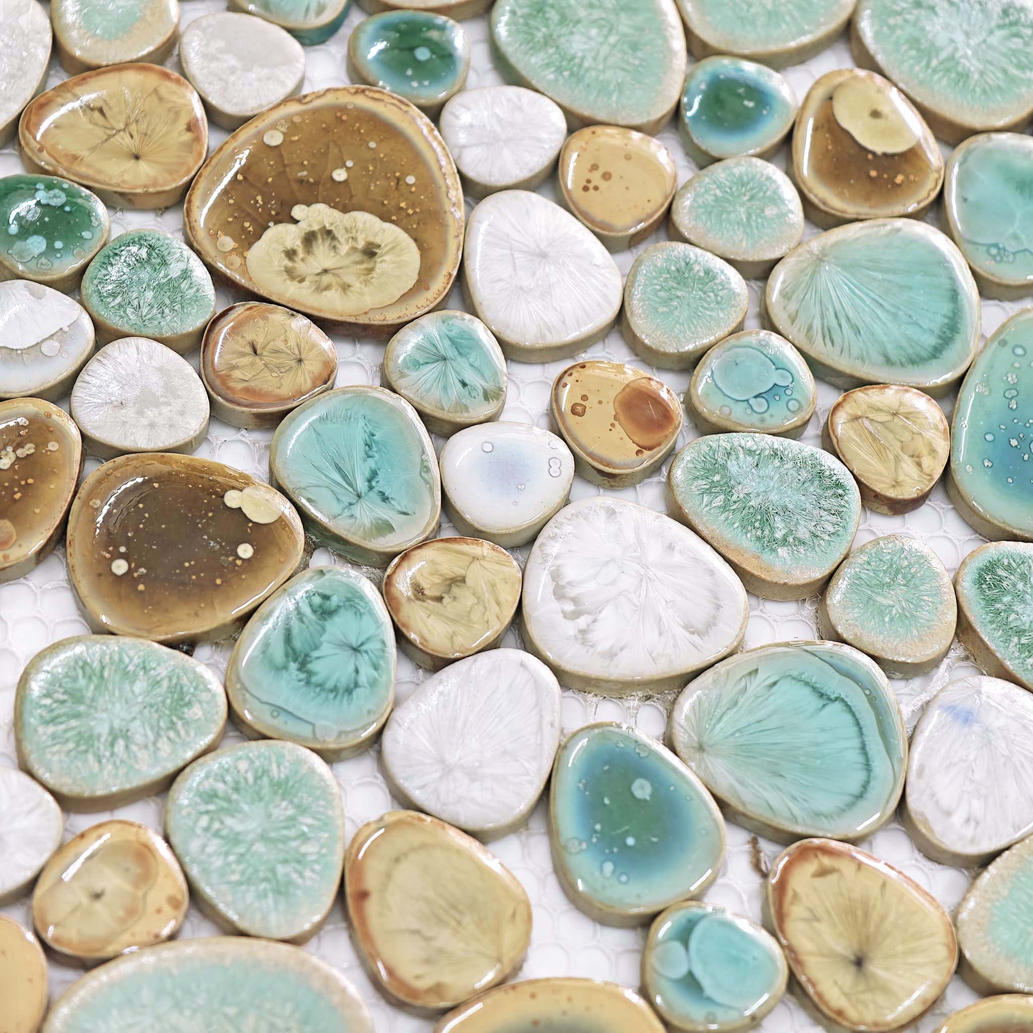 Coastal Mist Ceramic Pebble Mosaic Tile Gloss Finish for Backsplash Shower Floor & Wall