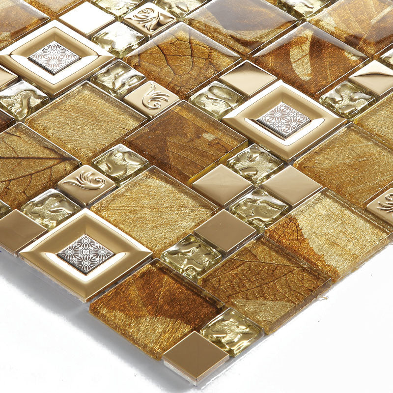 Glass & Metal Mosaic Tile Luxury Textured Geometric Blend Leaf Pattern Wall Decor