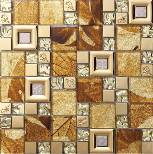 Glass & Metal Mosaic Tile Luxury Textured Geometric Blend Leaf Pattern Wall Decor