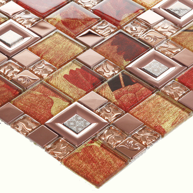 Glass & Metal Mosaic Tile Luxury Textured Geometric Blend Leaf Pattern Wall Decor