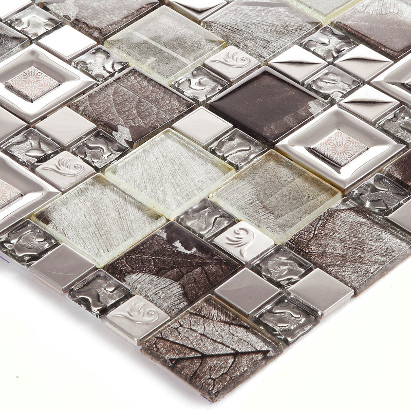 Glass & Metal Mosaic Tile Luxury Textured Geometric Blend Leaf Pattern Wall Decor