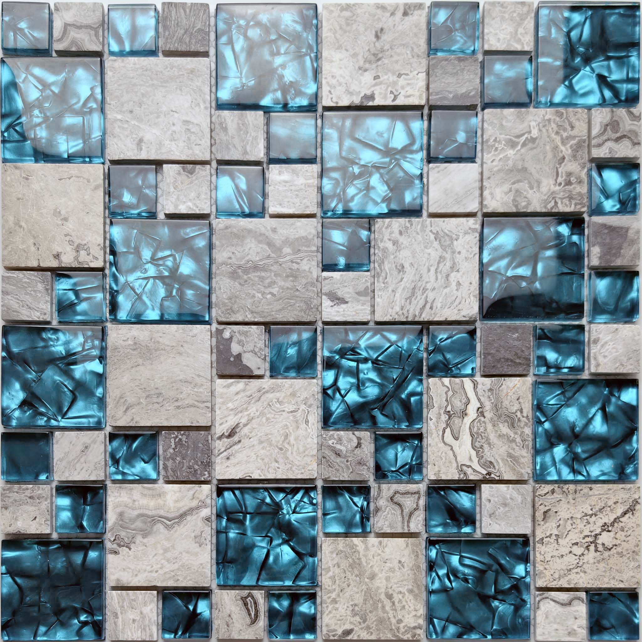 Blue Glass Gray Stone Square Mosaic Tile Modern Bathroom Shower Wall & Backsplash