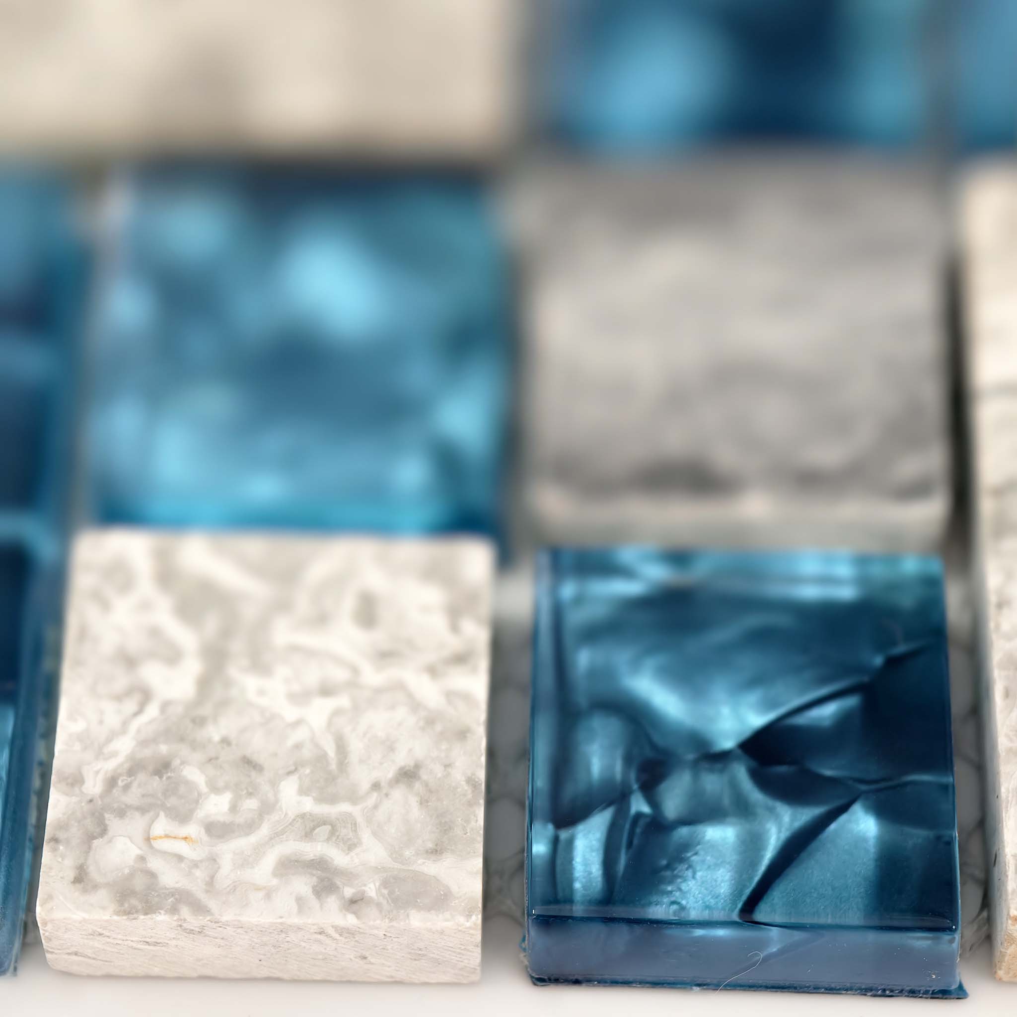 Blue Glass Gray Stone Square Mosaic Tile Modern Bathroom Shower Wall & Backsplash