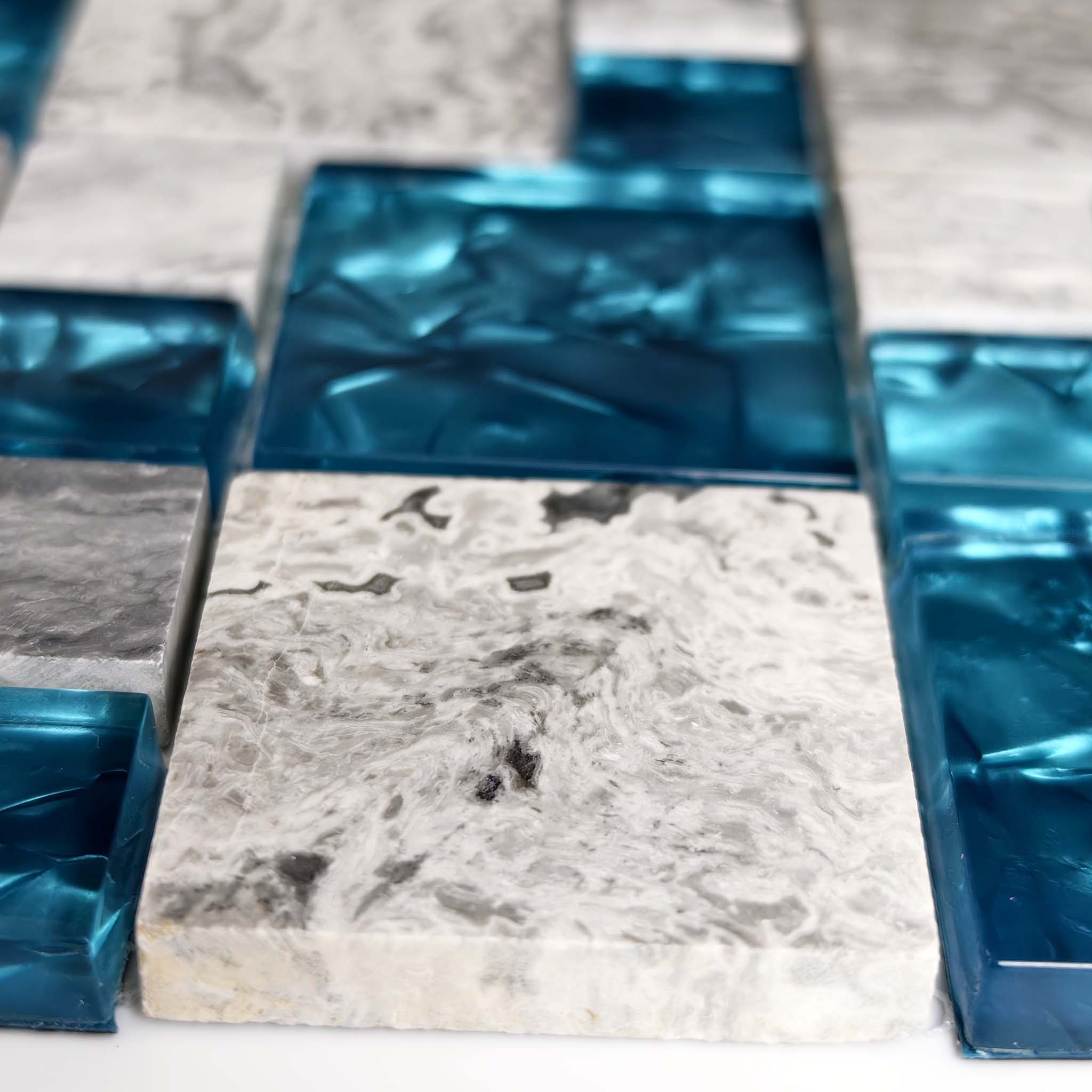 Blue Glass Gray Stone Square Mosaic Tile Modern Bathroom Shower Wall & Backsplash