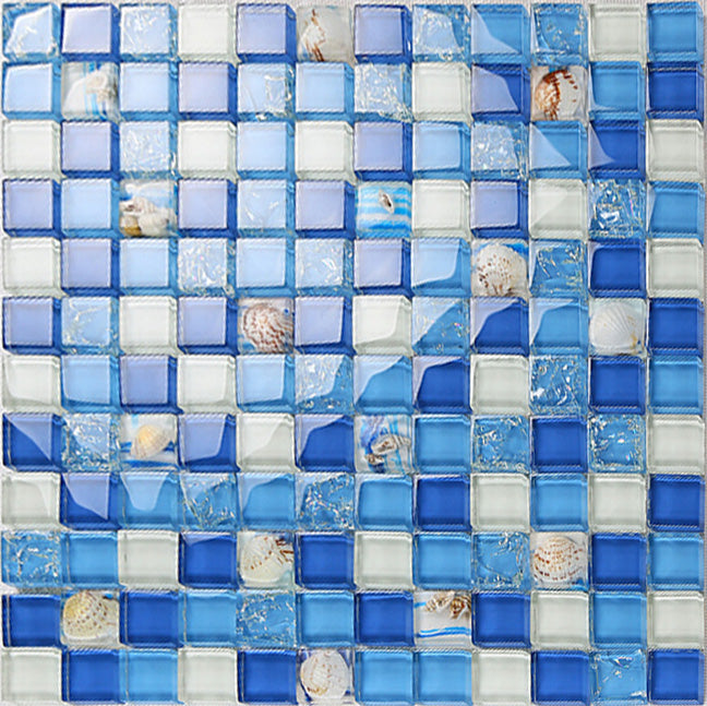 Ocean Blue Glass Mosaic Tile with Seashell Accents Coastal Wall & Backsplash
