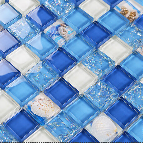 Ocean Blue Glass Mosaic Tile with Seashell Accents Coastal Wall & Backsplash