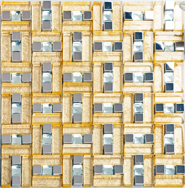 Gold-Glas-Mosaikfliesen Gewebtes geometrisches Muster mit Kristallakzenten