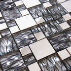 Glass Metal Mosaic Tile Silver Black Textured Waves Kitchen Backsplash & Bathroom Decor
