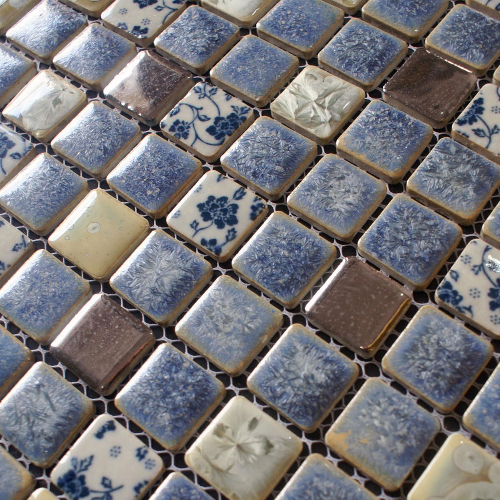 Blue & White Floral Ceramic Mosaic Tile Decorative Porcelain Backsplash Accent Wall
