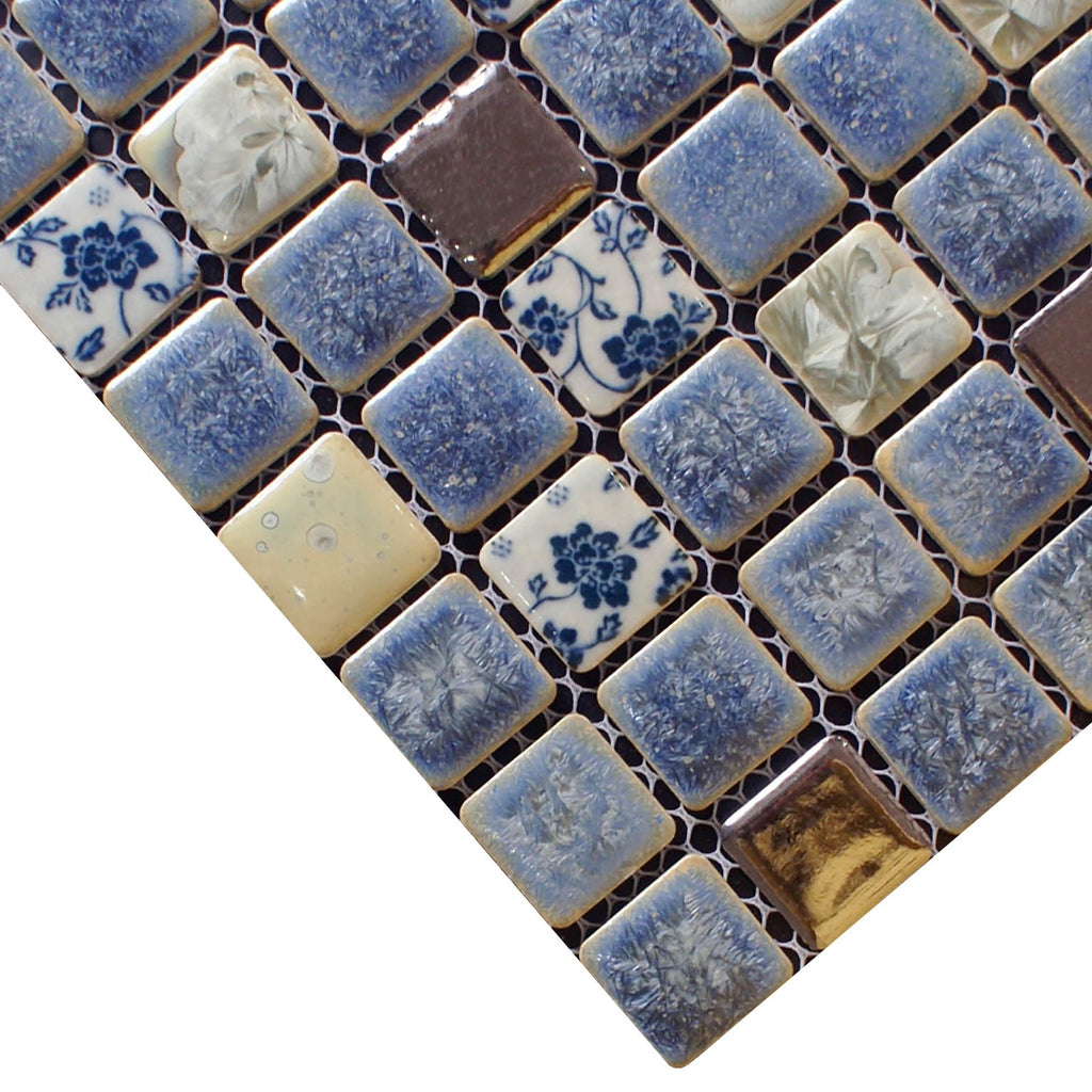 Blue & White Floral Ceramic Mosaic Tile Decorative Porcelain Backsplash Accent Wall