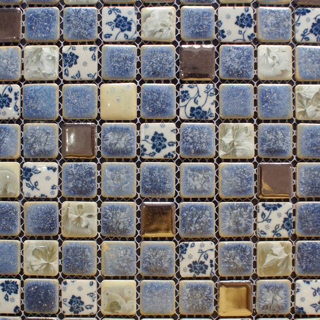 Blue & White Floral Ceramic Mosaic Tile Decorative Porcelain Backsplash Accent Wall