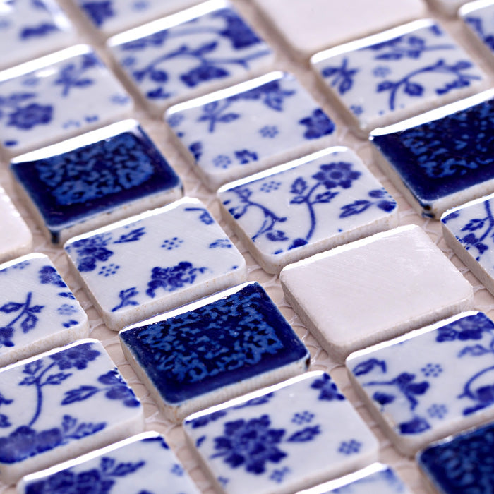 Blue & White Floral Ceramic Mosaic Tile Vintage Porcelain Pattern Wall Backsplash