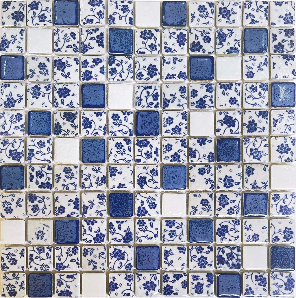 Blue & White Floral Ceramic Mosaic Tile Vintage Porcelain Pattern Wall Backsplash