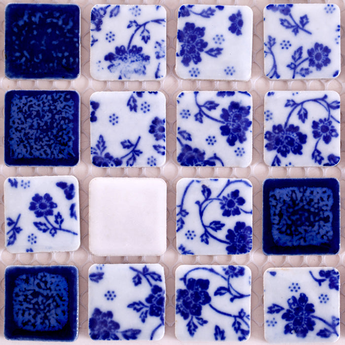 Blue & White Floral Ceramic Mosaic Tile Vintage Porcelain Pattern Wall Backsplash