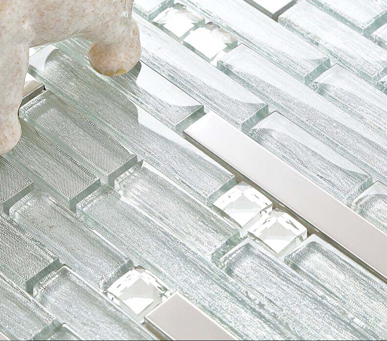 Silver / Gold Glass Mosaic Tile Metallic Linear Backsplash Modern Stacked Brick Design