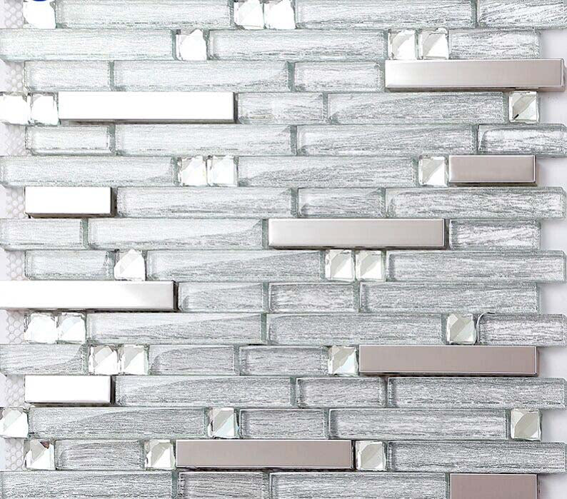 Silver / Gold Glass Mosaic Tile Metallic Linear Backsplash Modern Stacked Brick Design