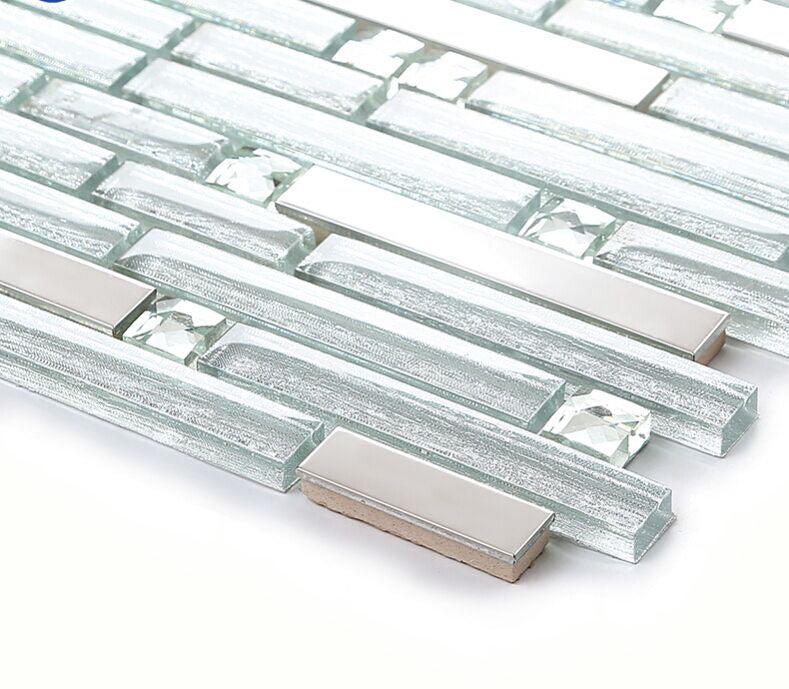 Silver / Gold Glass Mosaic Tile Metallic Linear Backsplash Modern Stacked Brick Design