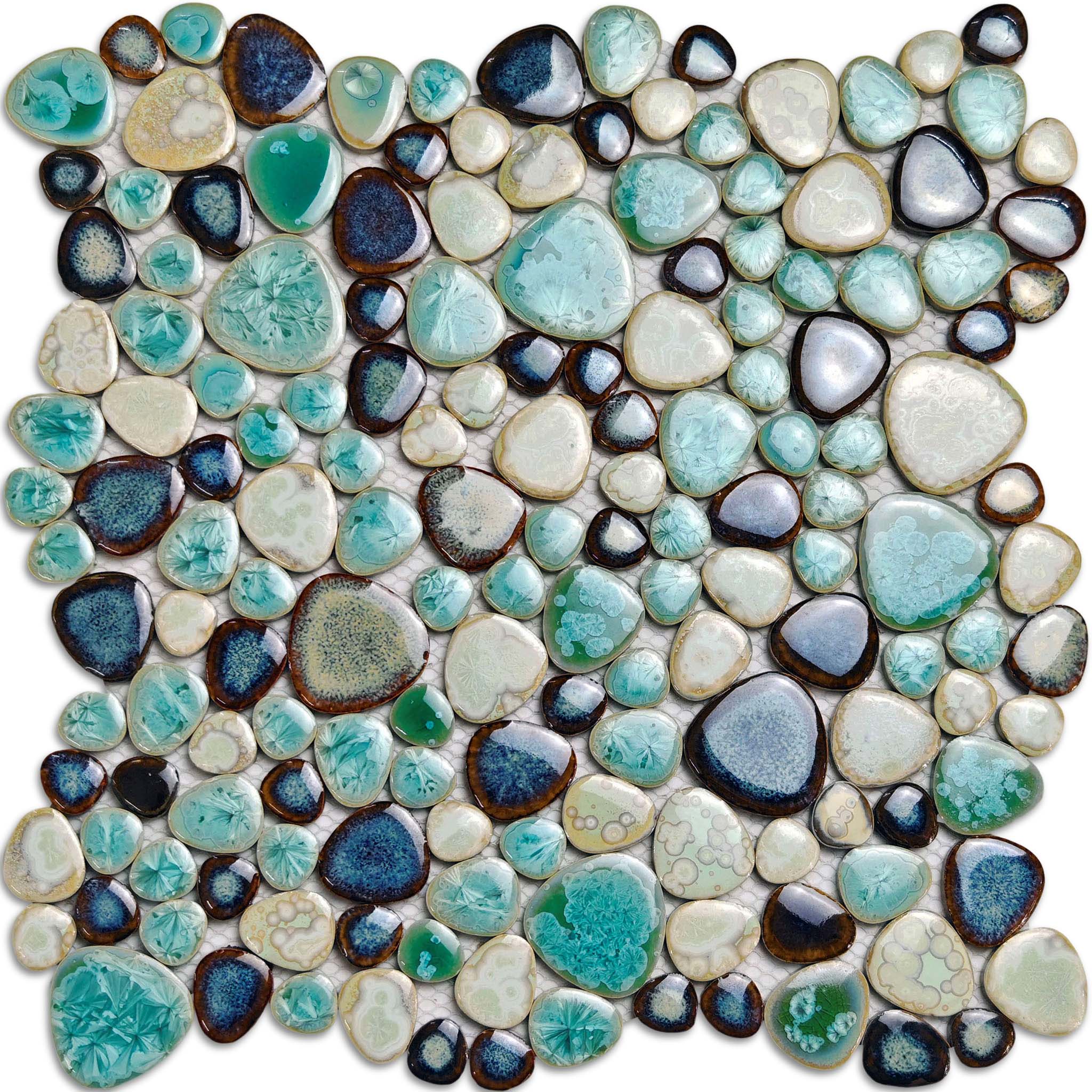 Ocean Breeze Ceramic Pebble Mosaic Tile Aqua Teal Pearl Glazed Backsplash Shower Decor