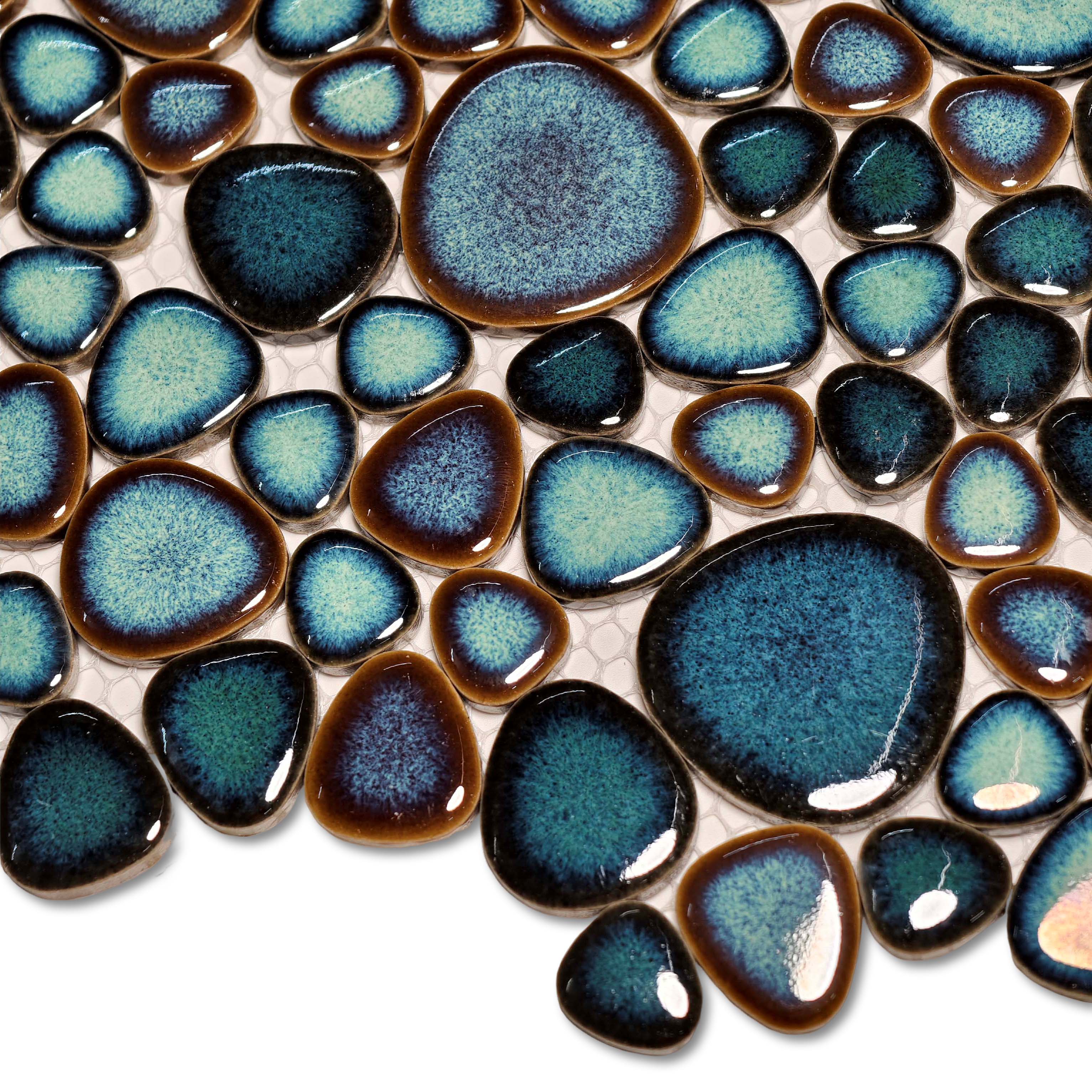 Ocean Drift Ceramic Pebble Mosaic Tile Blue & Teal Glazed for Backsplash Bathroom