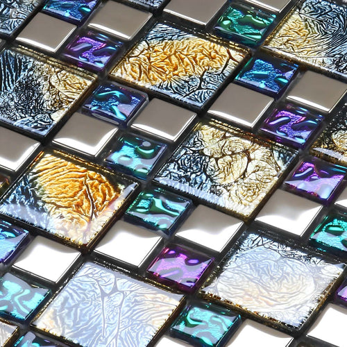 Artisan Metallic Glass Mosaic Tile Textured Multicolor Square Design for Bath & Shower Wall