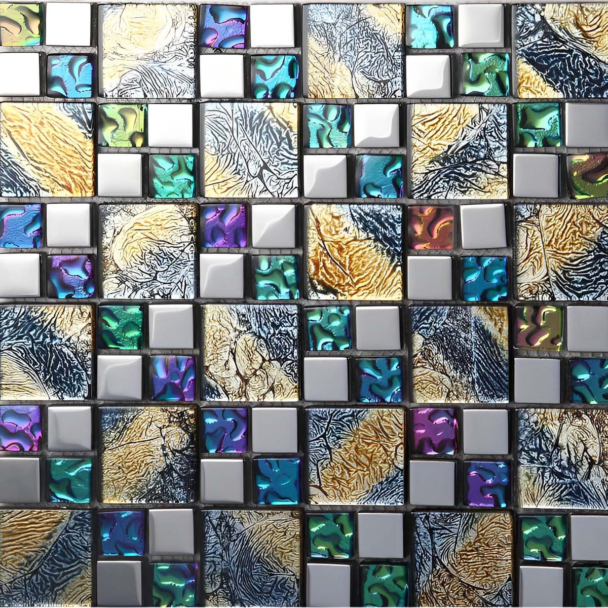 Artisan Metallic Glass Mosaic Tile Textured Multicolor Square Design f ...