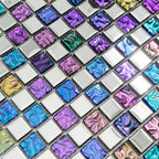 Iridescent Glass Mosaic Tile Purple Blue Mixed Square Kitchen Backsplash & Bathroom Tile