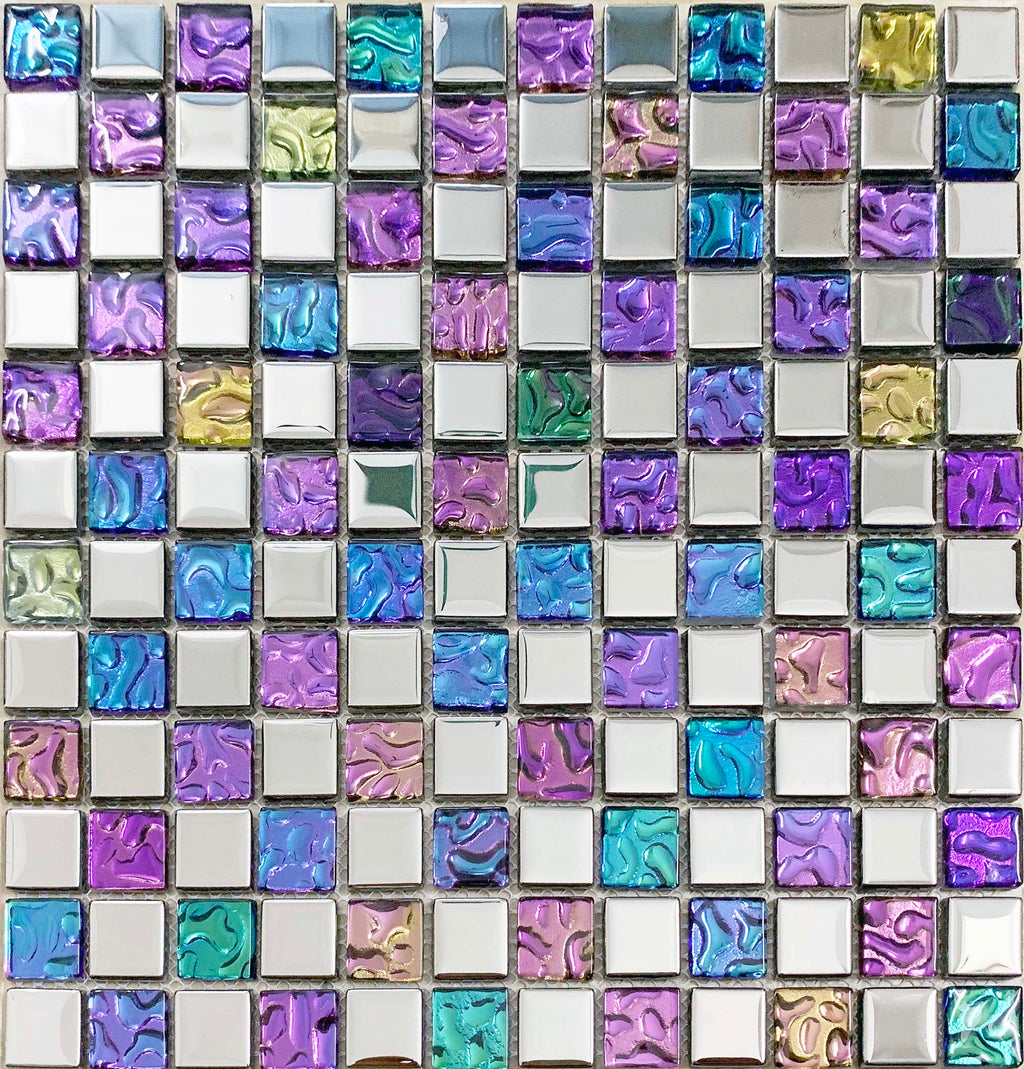 Iridescent Glass Mosaic Tile Purple Blue Mixed Square Kitchen Backsplash & Bathroom Tile