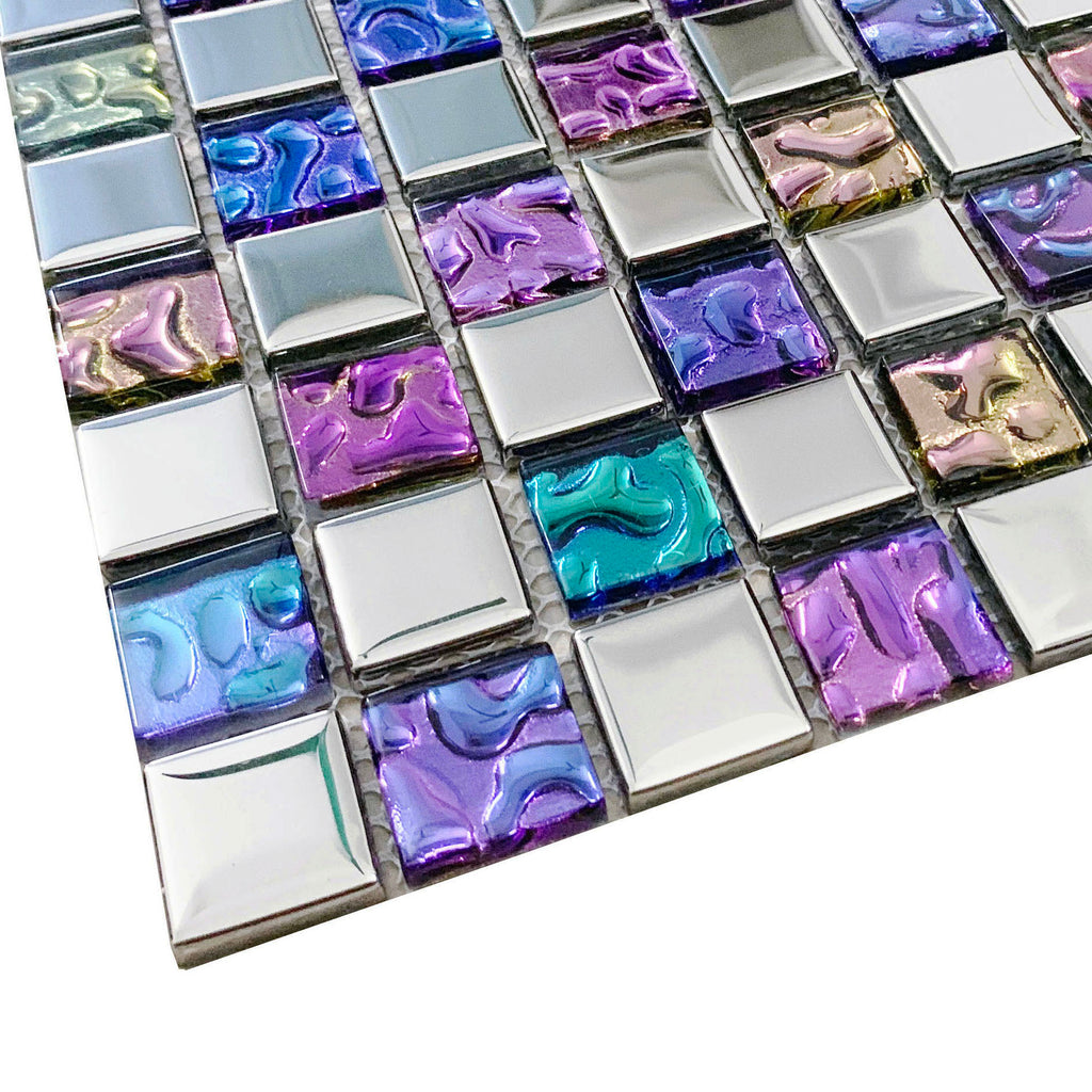 Iridescent Glass Mosaic Tile Purple Blue Mixed Square Kitchen Backsplash & Bathroom Tile