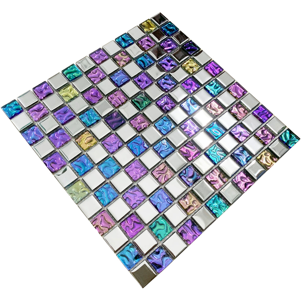 Iridescent Glass Mosaic Tile Purple Blue Mixed Square Kitchen Backsplash & Bathroom Tile