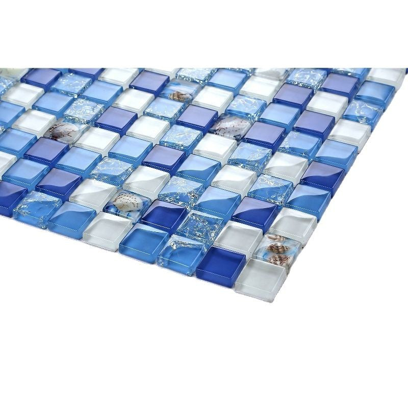 Ocean Blue Glass Mosaic Tile with Seashell Accents Coastal Wall & Backsplash