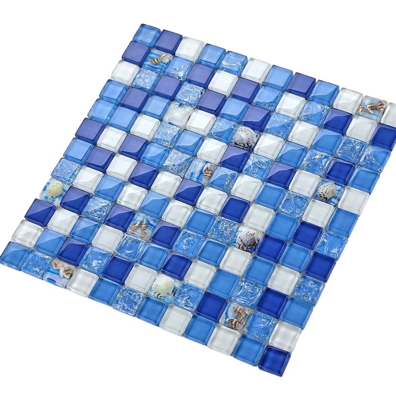 Ocean Blue Glass Mosaic Tile with Seashell Accents Coastal Wall & Backsplash