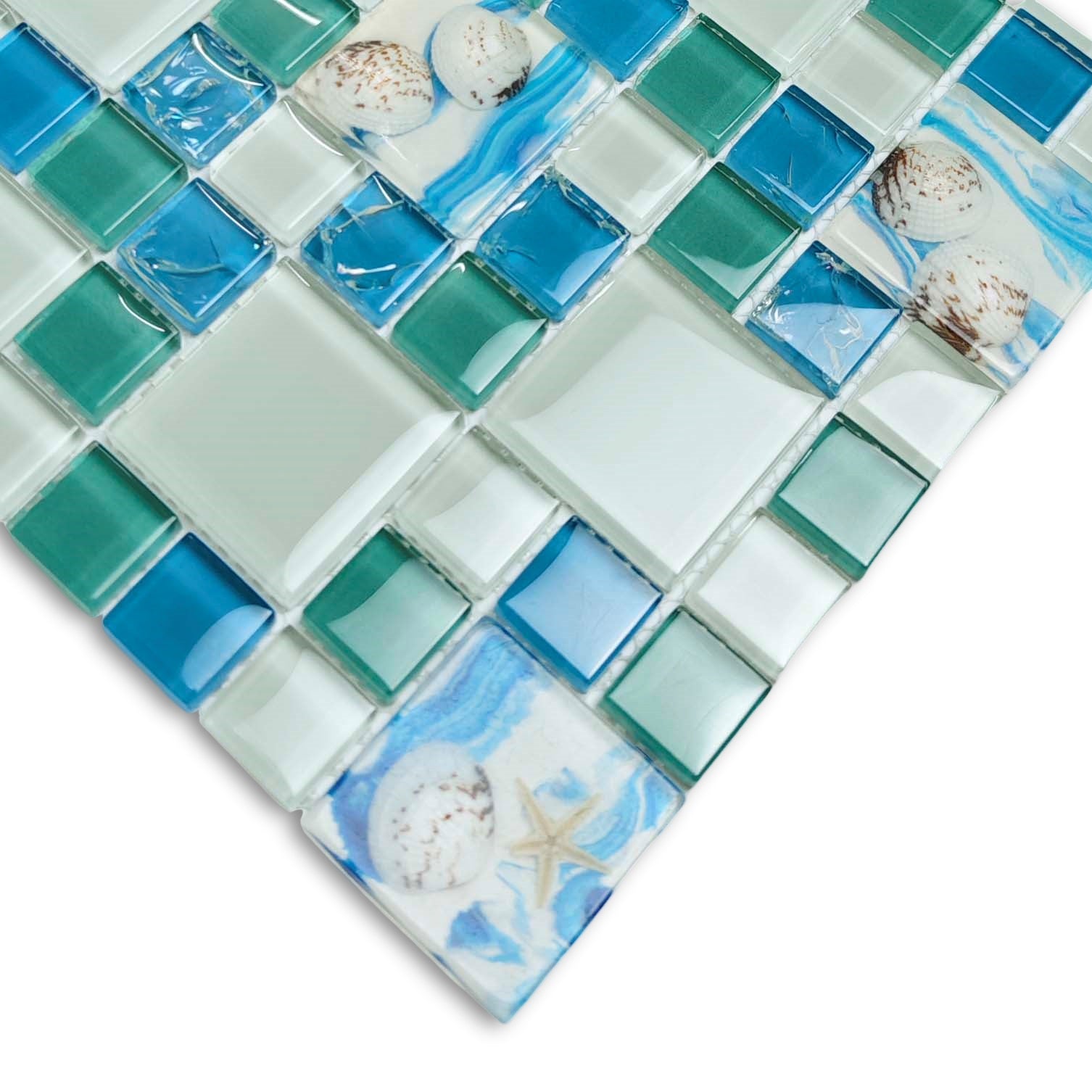 Ocean Breeze Glass Mosaic Tile Blue Aqua Coastal Backsplash & Bathroom Wall Decor