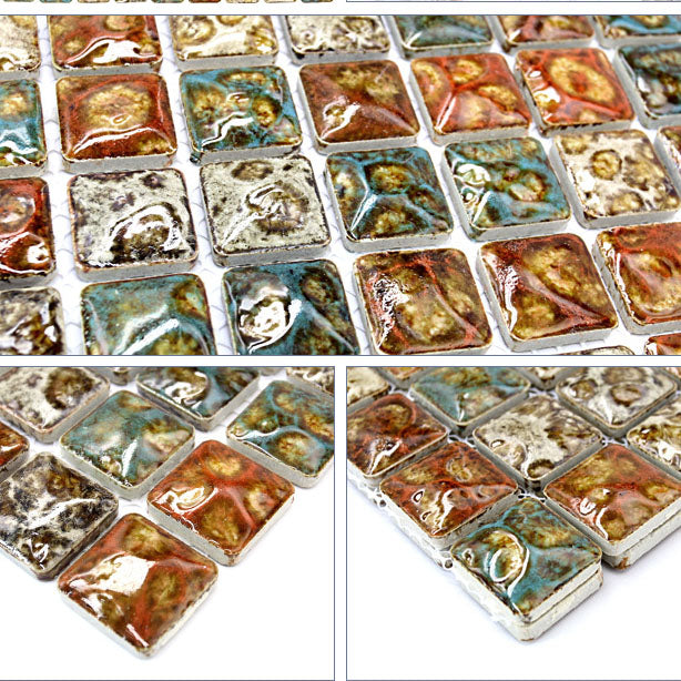 Carreaux de mosaïque en céramique émaillée multicolore rustique, tons terreux mélangés, format carré, pour crédence