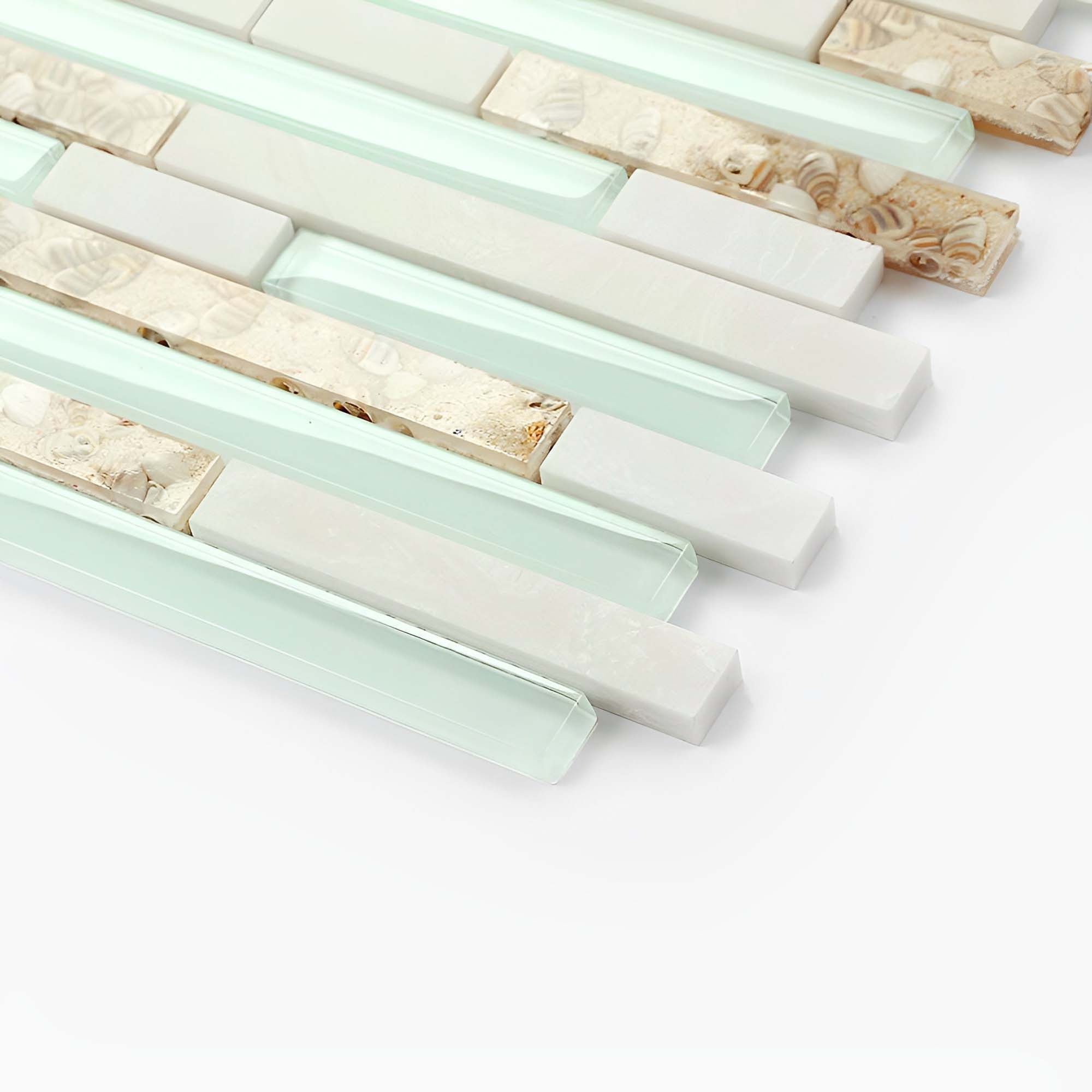 Coastal Glass Seashell Stone Linear Mosaic Tile Aqua Pearl Beach-Inspired Backsplash