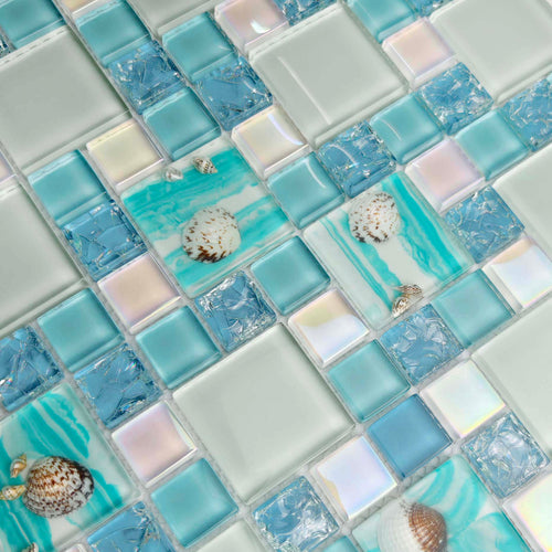 Coastal Seashell Glass Mosaic Tile Aqua Blue & Iridescent Backsplash Bathroom Wall Decor