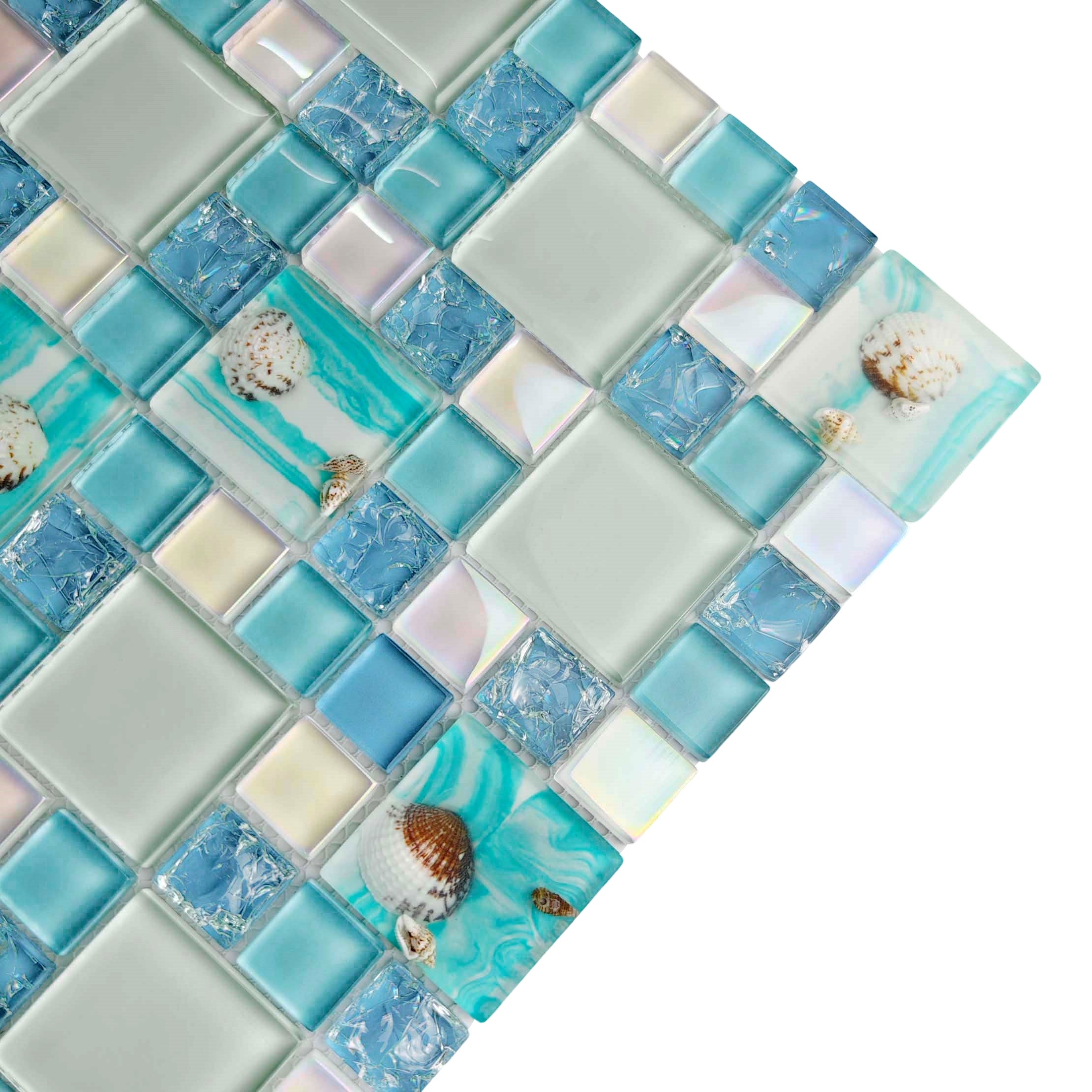 Coastal Seashell Glass Mosaic Tile Aqua Blue & Iridescent Backsplash Bathroom Wall Decor