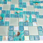 Coastal Seashell Glass Mosaic Tile Aqua Blue & Iridescent Backsplash Bathroom Wall Decor