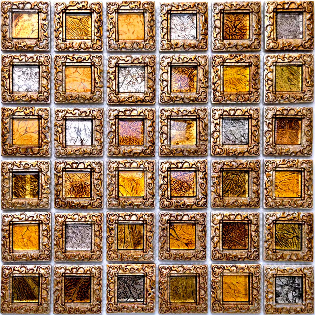 Antique Gold Framed Glass Mosaic Tile Window Pattern Luxury Metallic Square Wall Tile